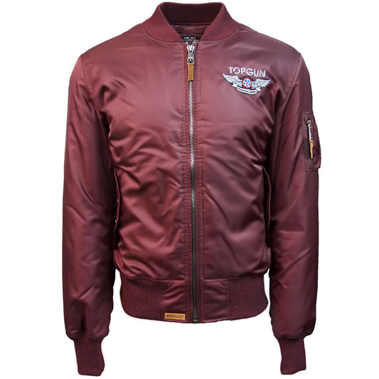 Top Gun Official MA 1 Wings Bomber Jacket with Patches Burgungy