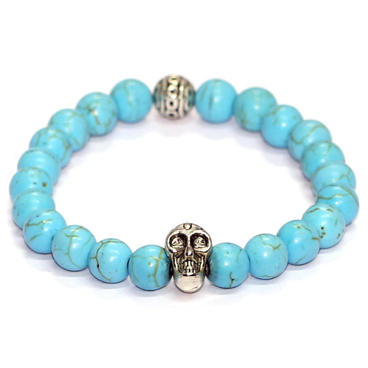 Turquoise Beaded stretch bracelet with Silver Skull and Engraved Bead