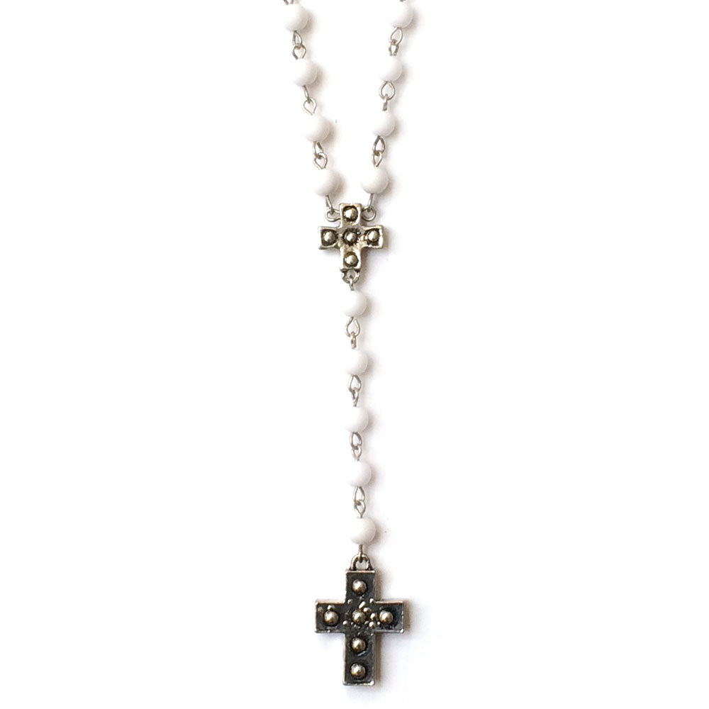 White Onyx Rosary Necklace With Double Crucifix