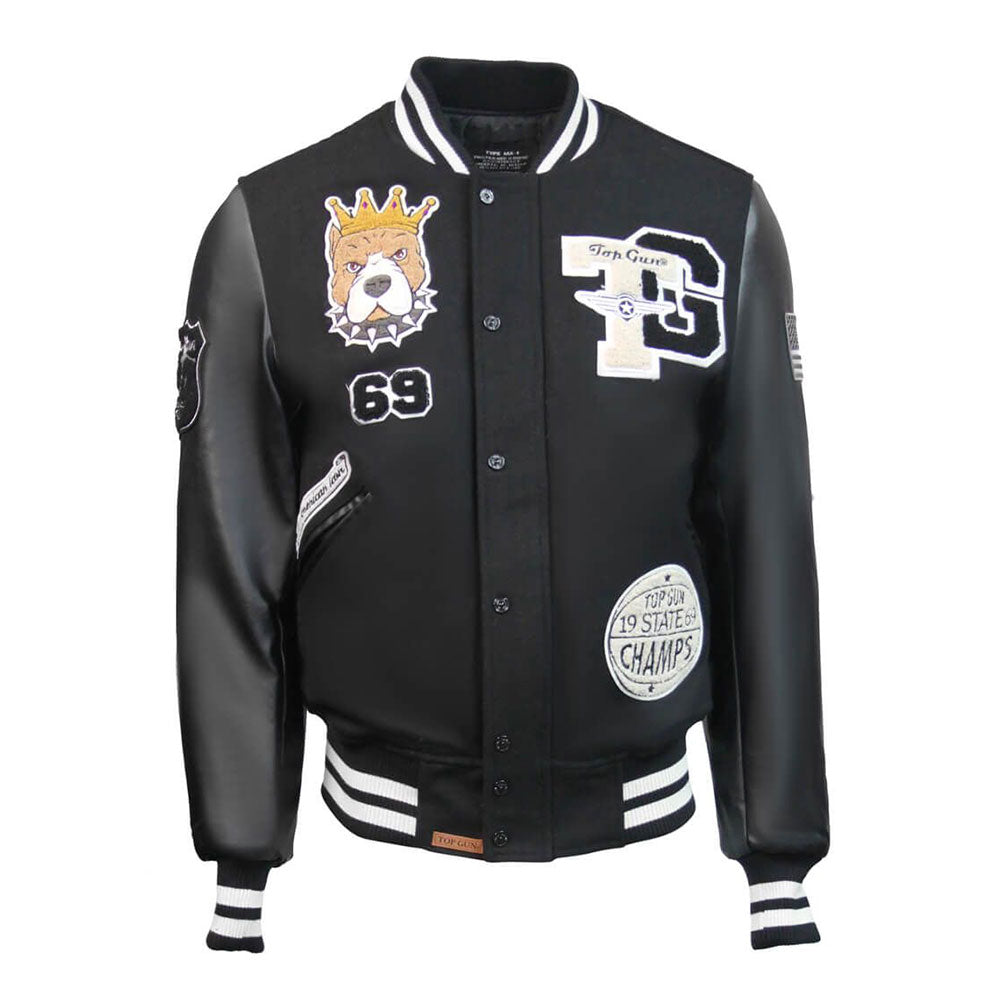 Top Gun King Wool PU Bomber Jacket Black