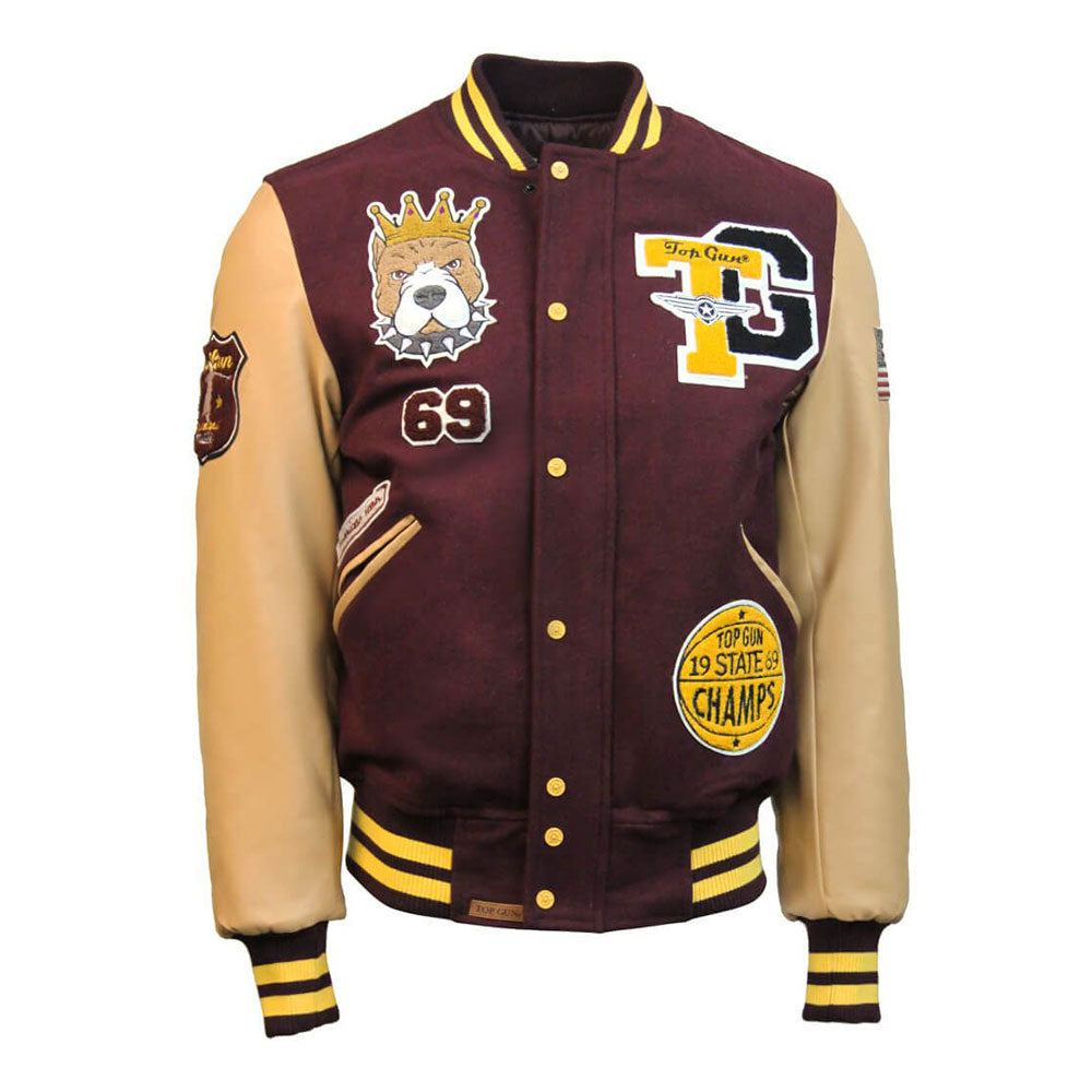 Top Gun King Wool PU Bomber Jacket Burgundy